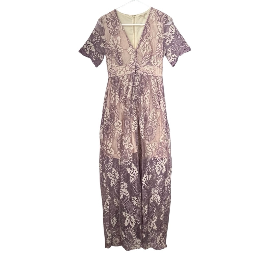 Promesa Lavender Floral Lace Mesh Overlay V-Neck Maxi Dress Size Small